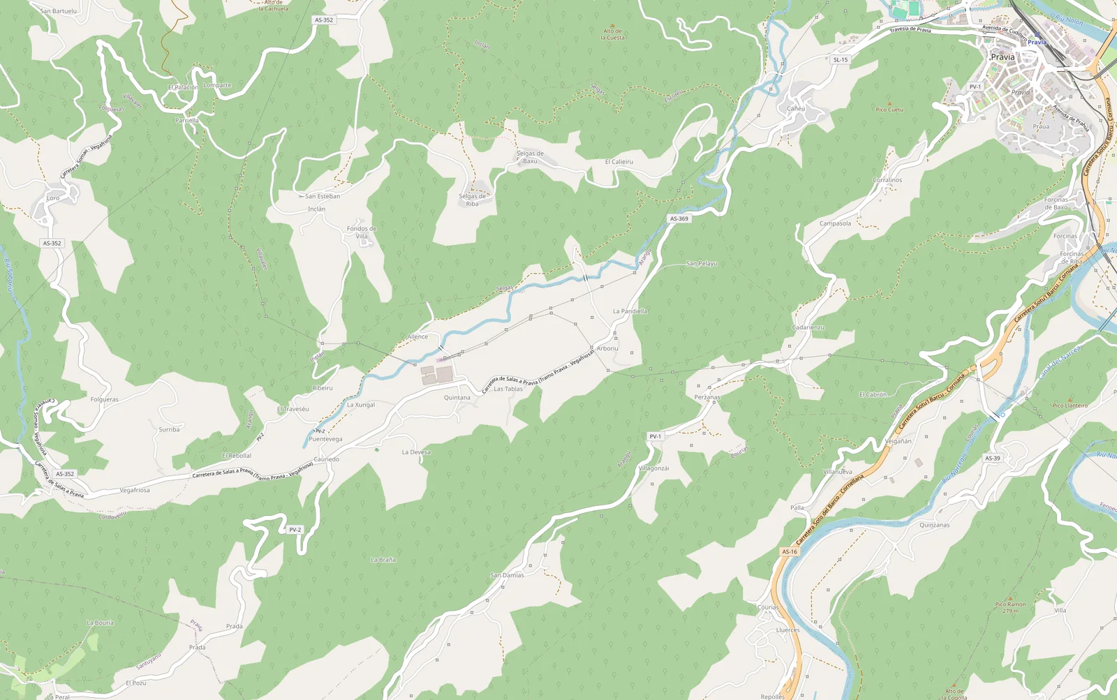 Mapa del Valle de Arango, desde Pravia hasta Puentevega, siguiendo el río Aranguín